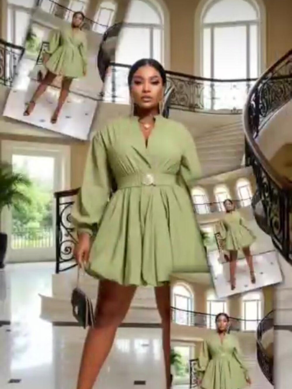 Notched Button Up Balloon Sleeves Dress
